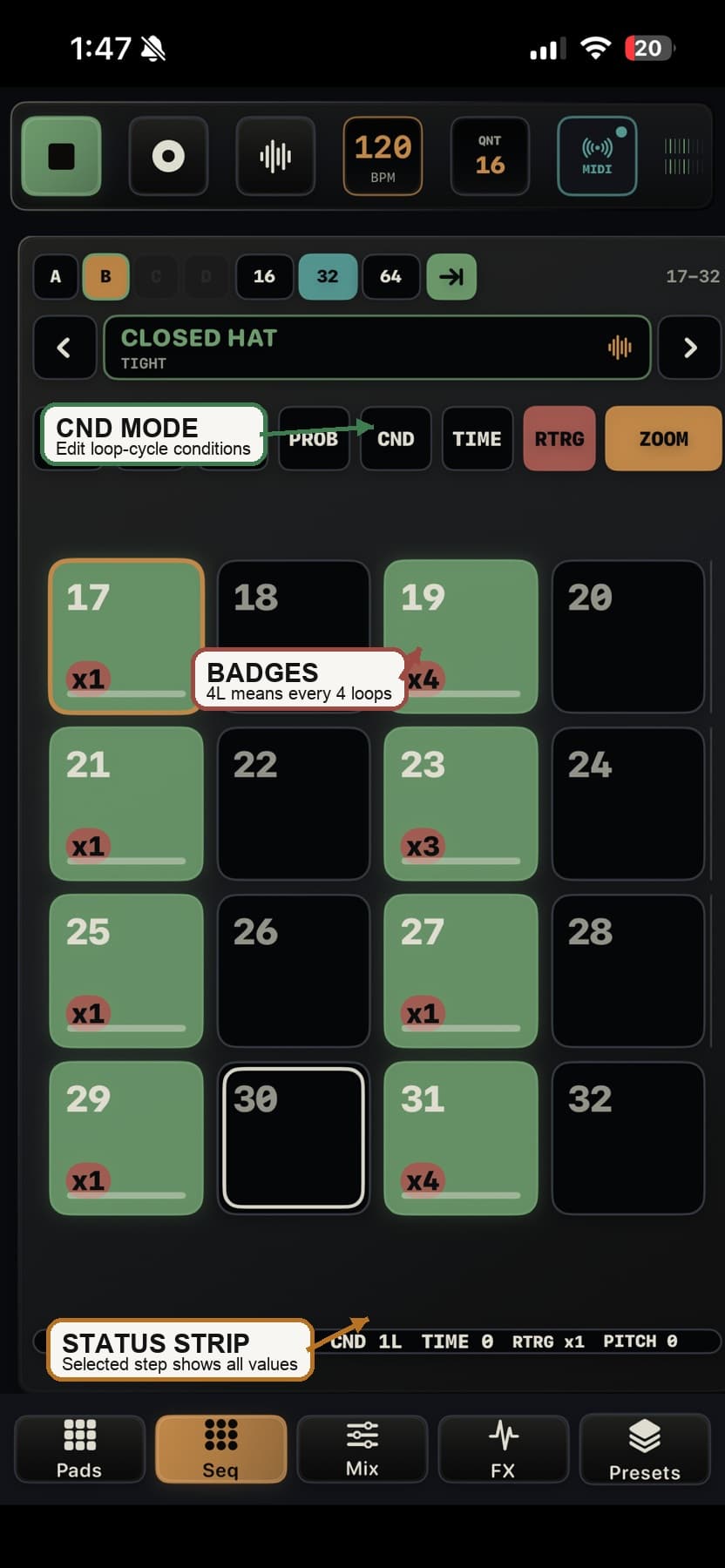 TEMPO-1 CND mode and condition badges