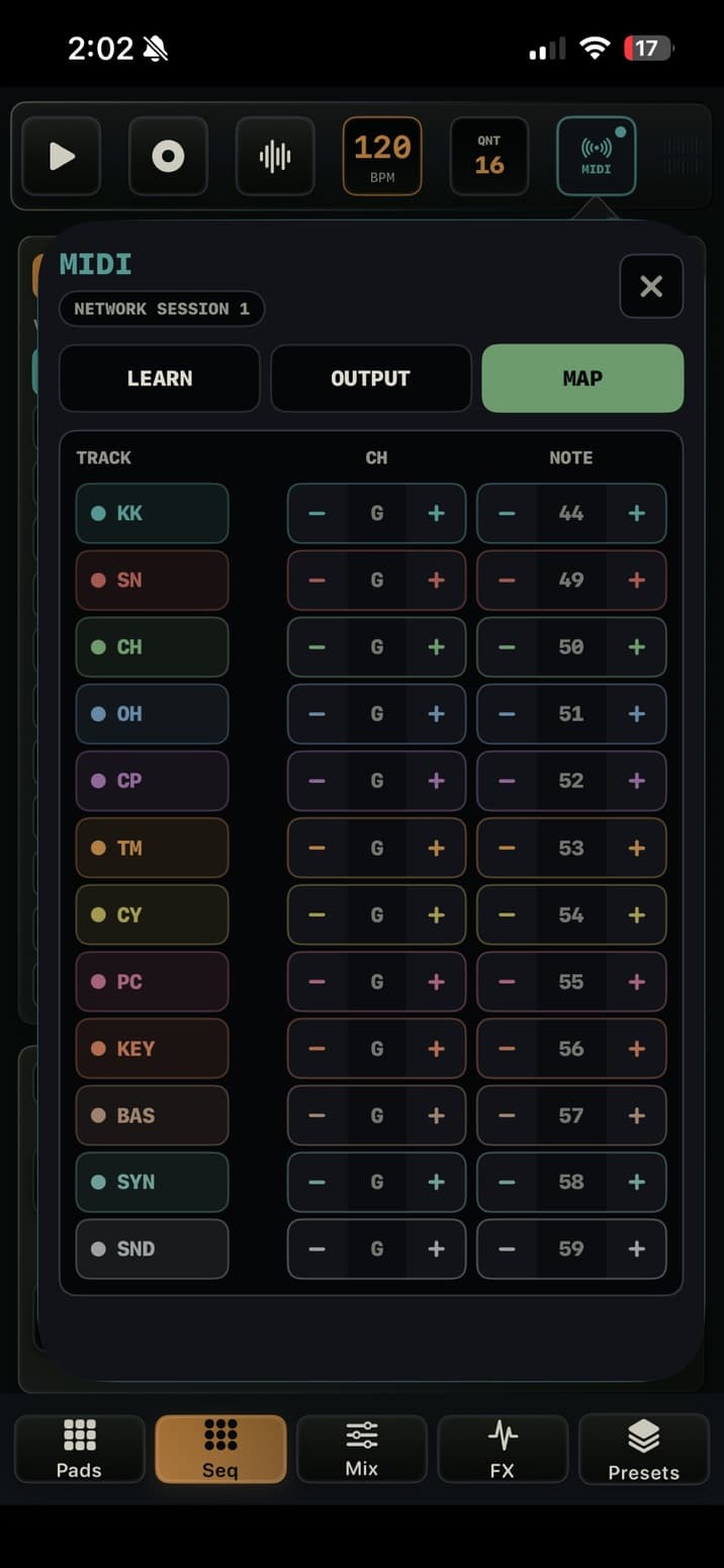 TEMPO-1 MIDI panel MAP tab