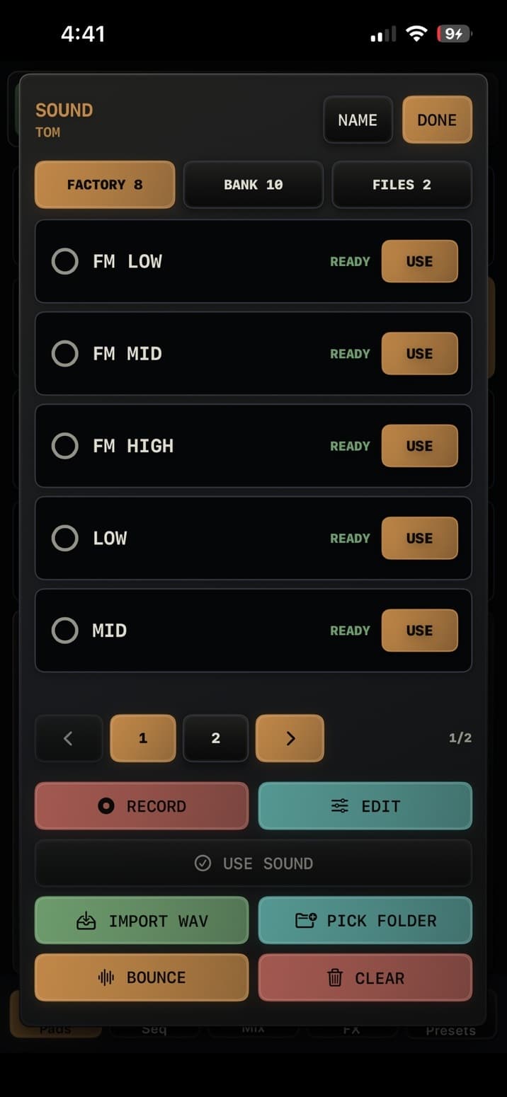TEMPO-1 Sound Browser with record, edit, import, folder, bounce, and clear actions