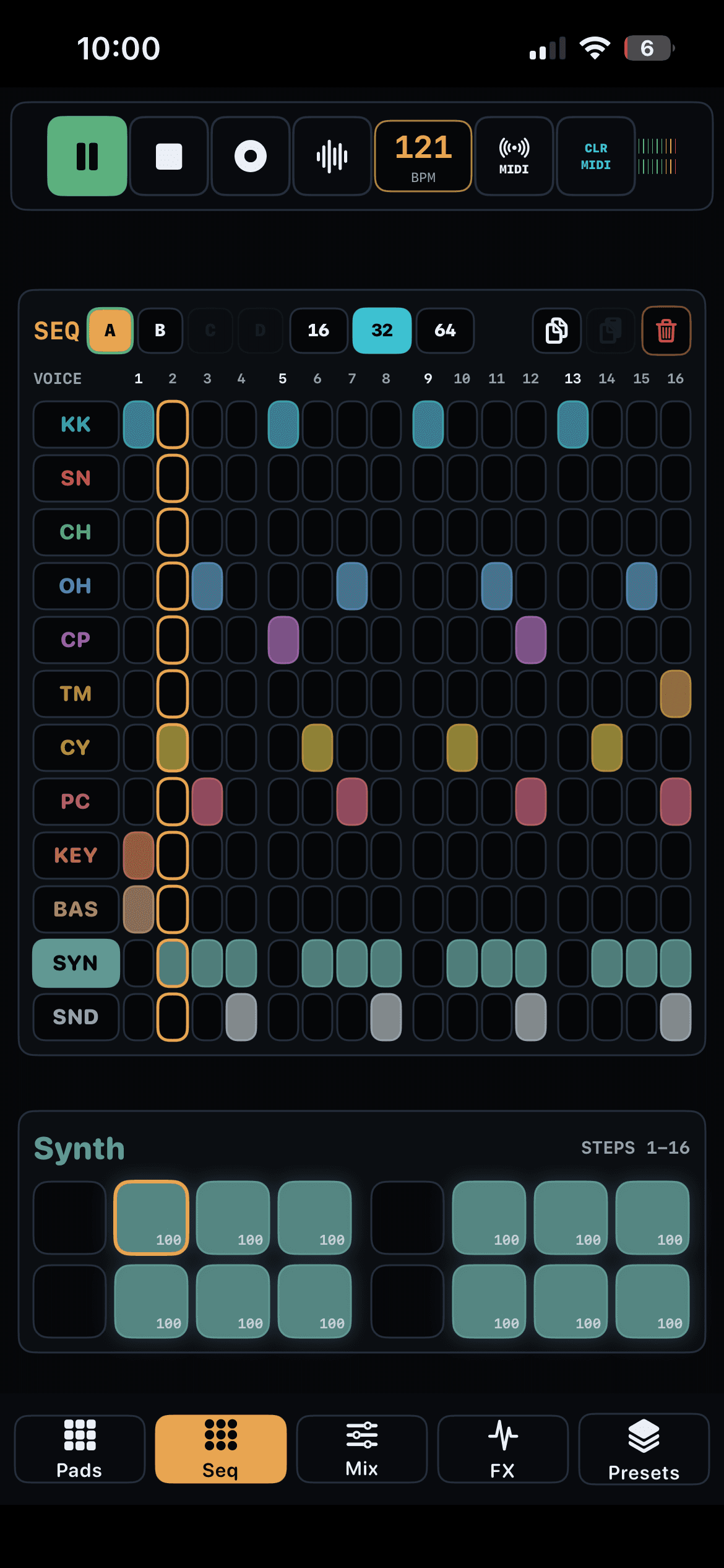 TEMPO-1 iPhone sequencer grid