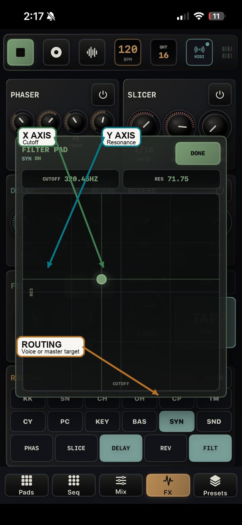 TEMPO-1 Filter Pad overlay for cutoff and resonance movement