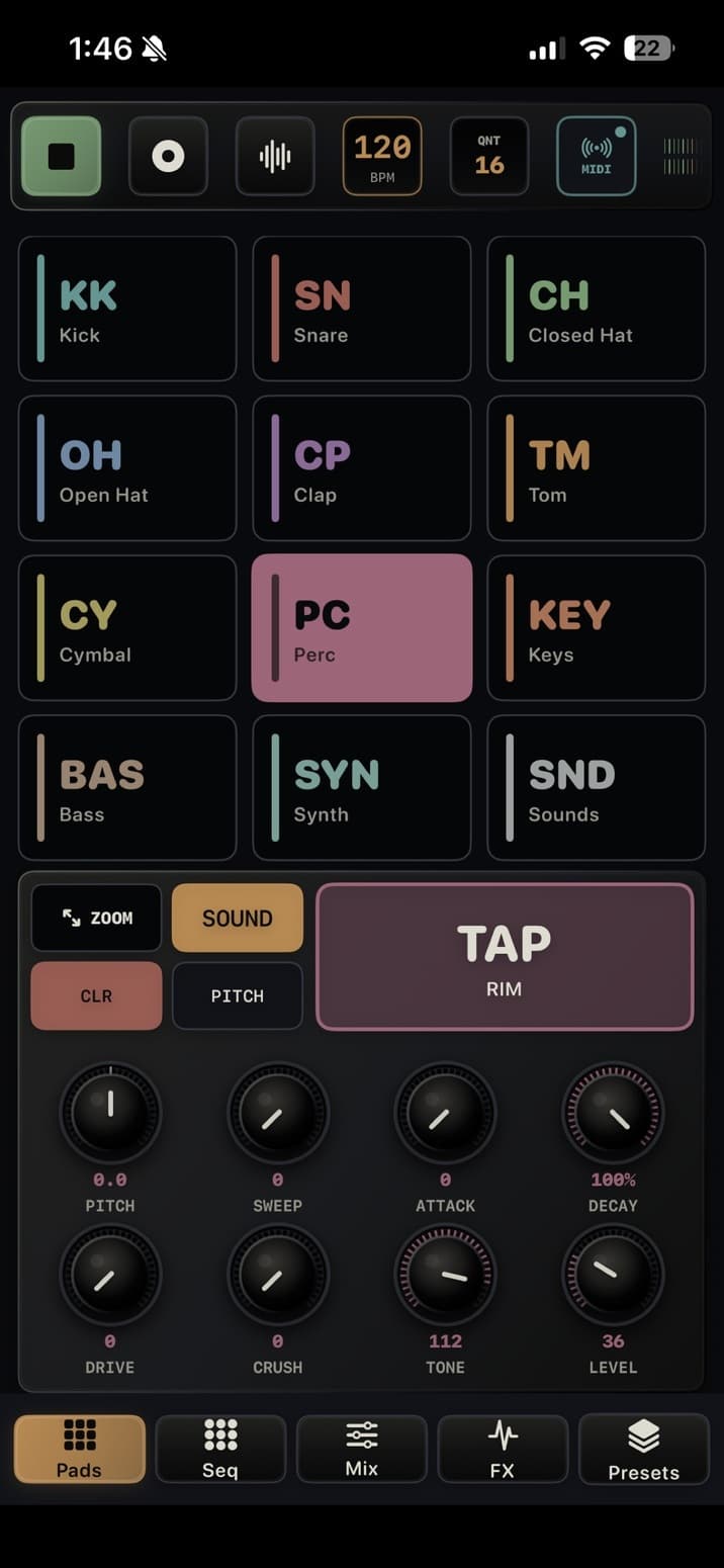 TEMPO-1 Pads view with Perc selected