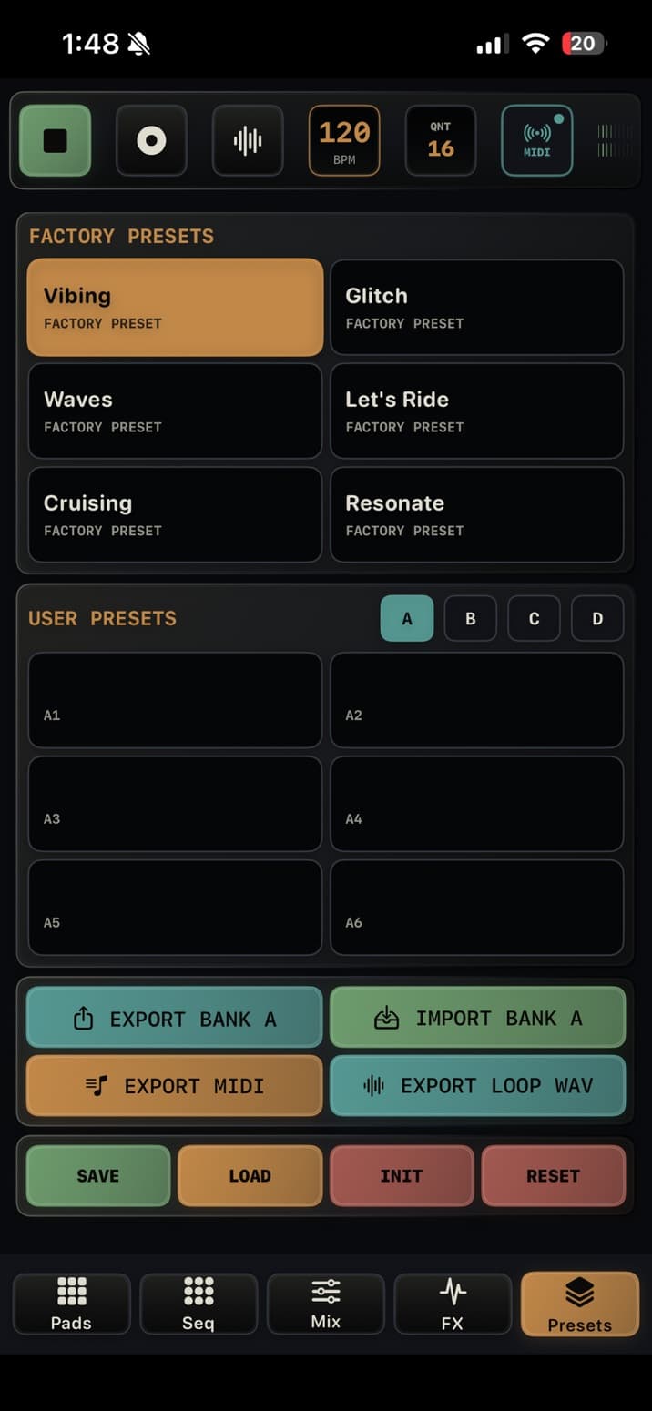 TEMPO-1 Presets, factory grooves, user banks, and export actions