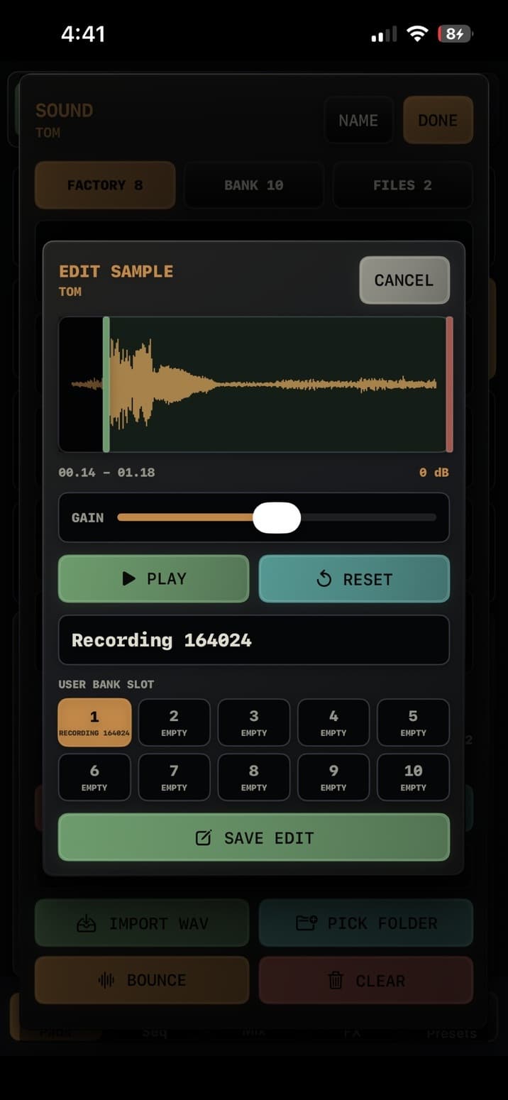 TEMPO-1 Sample Editor with trim handles, gain, preview, naming, and user-bank slots