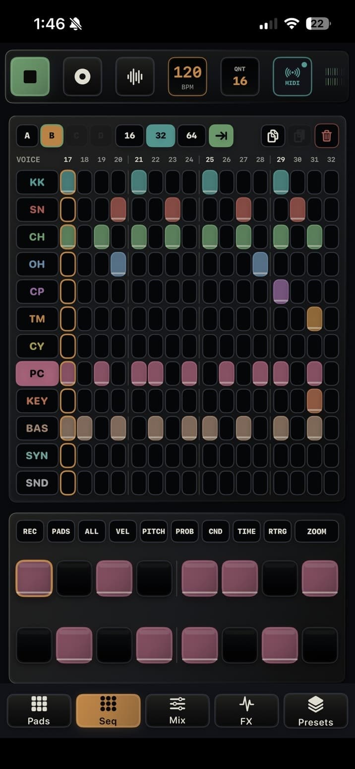 TEMPO-1 Sequencer overview with step lanes and edit tools