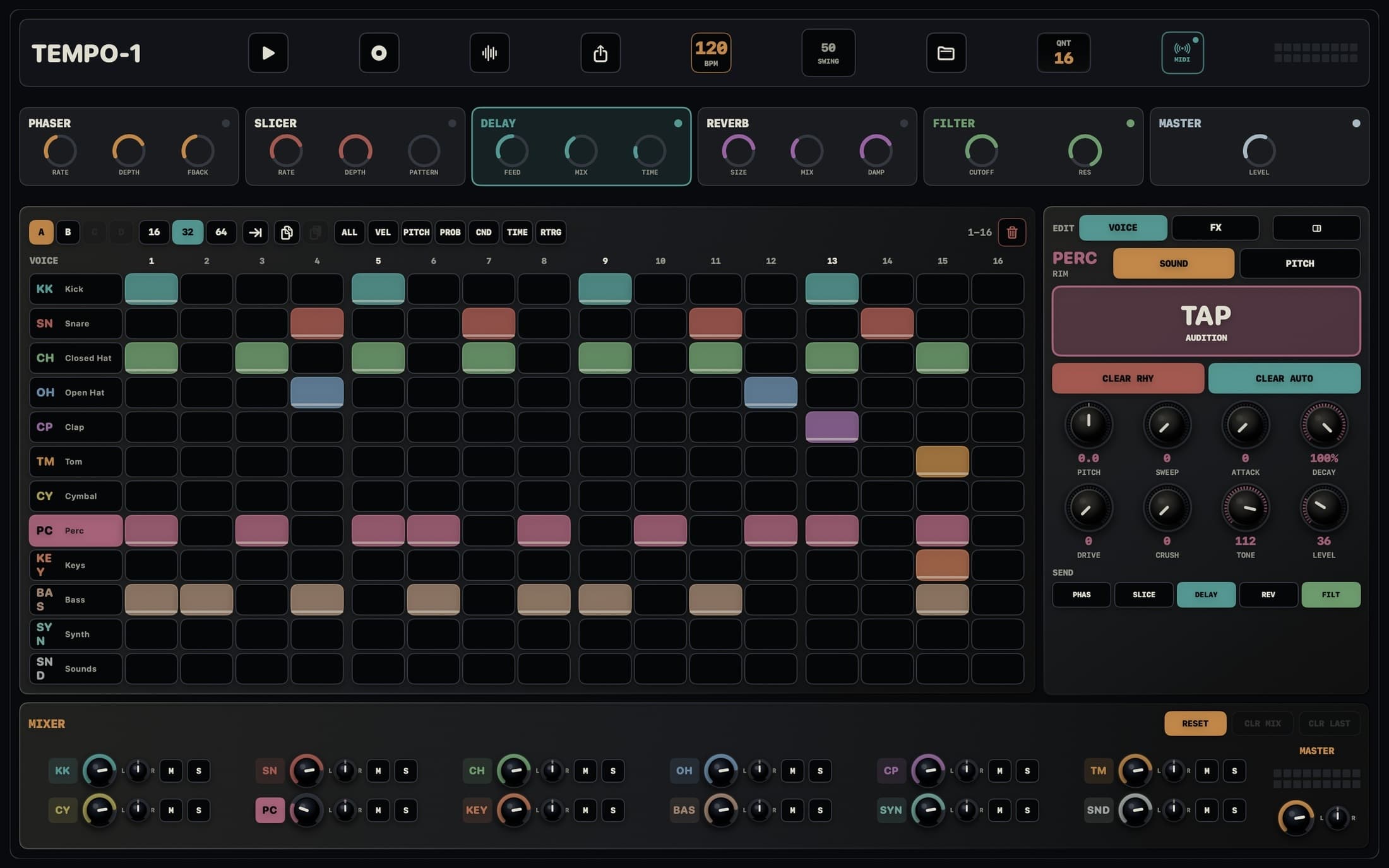 Current TEMPO-1 1.1.2 interface with QNT, conditional steps, MIDI, voice editor, effects, and mixer