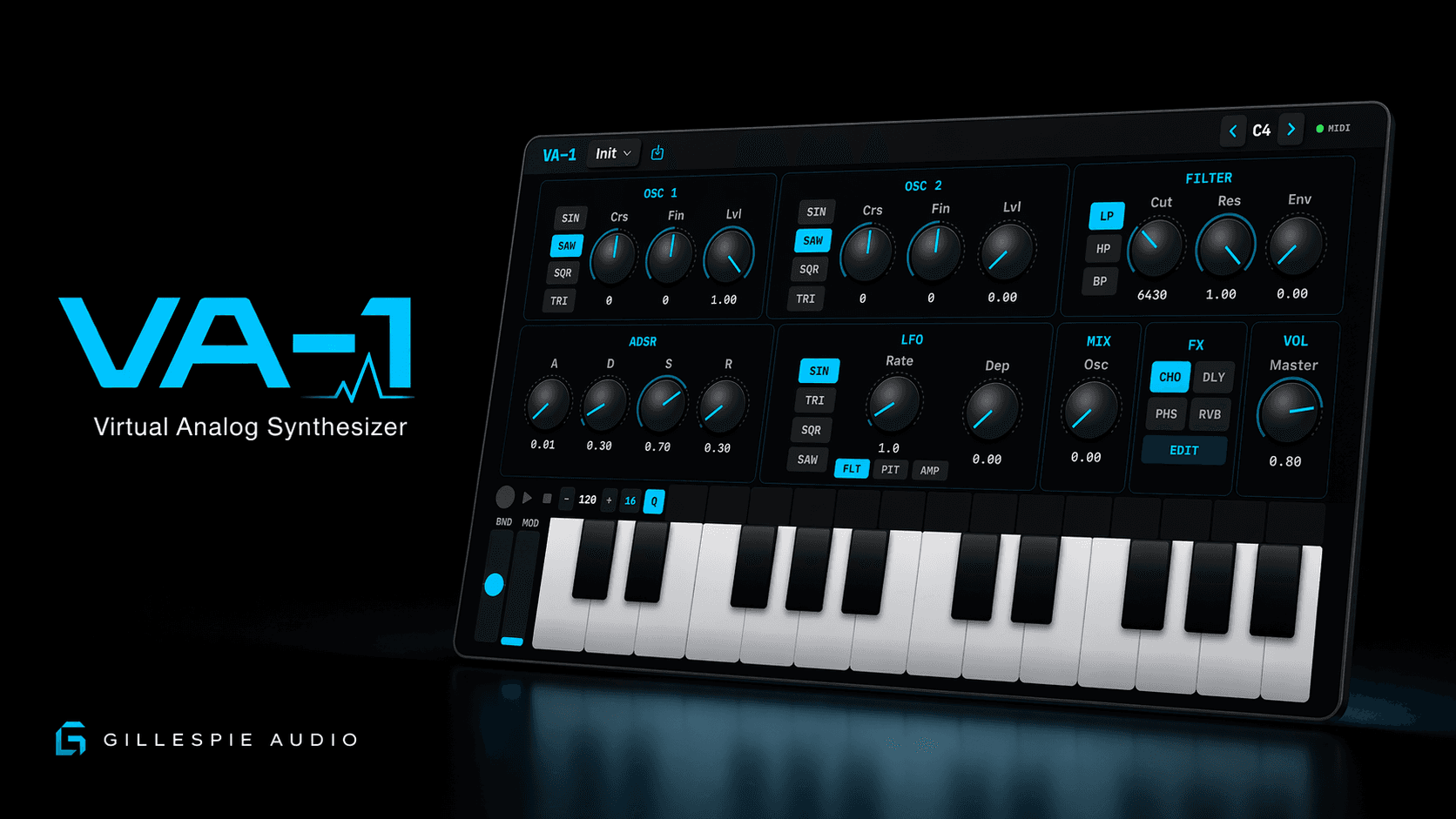 VA-1 Virtual Analog Synthesizer — full interface showing dual oscillators, filter, ADSR, LFO, effects, sequencer, and keyboard