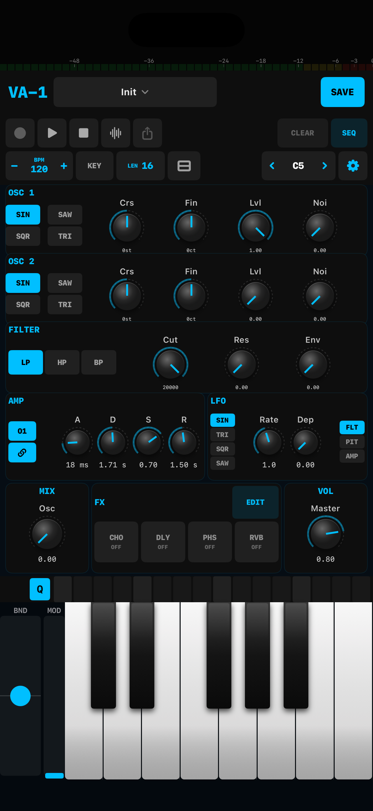 VA-1's standalone portrait workspace, with oscillator controls, AMP envelope, effects, sequencer and keyboard.